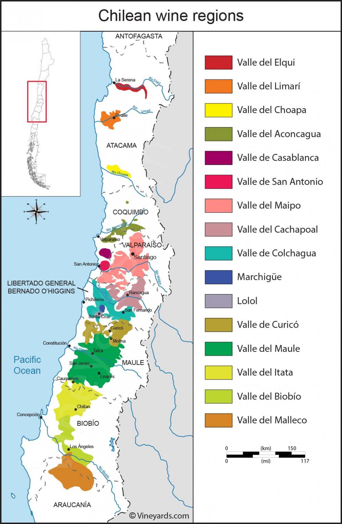 Karta över Chiles vindistrikt 